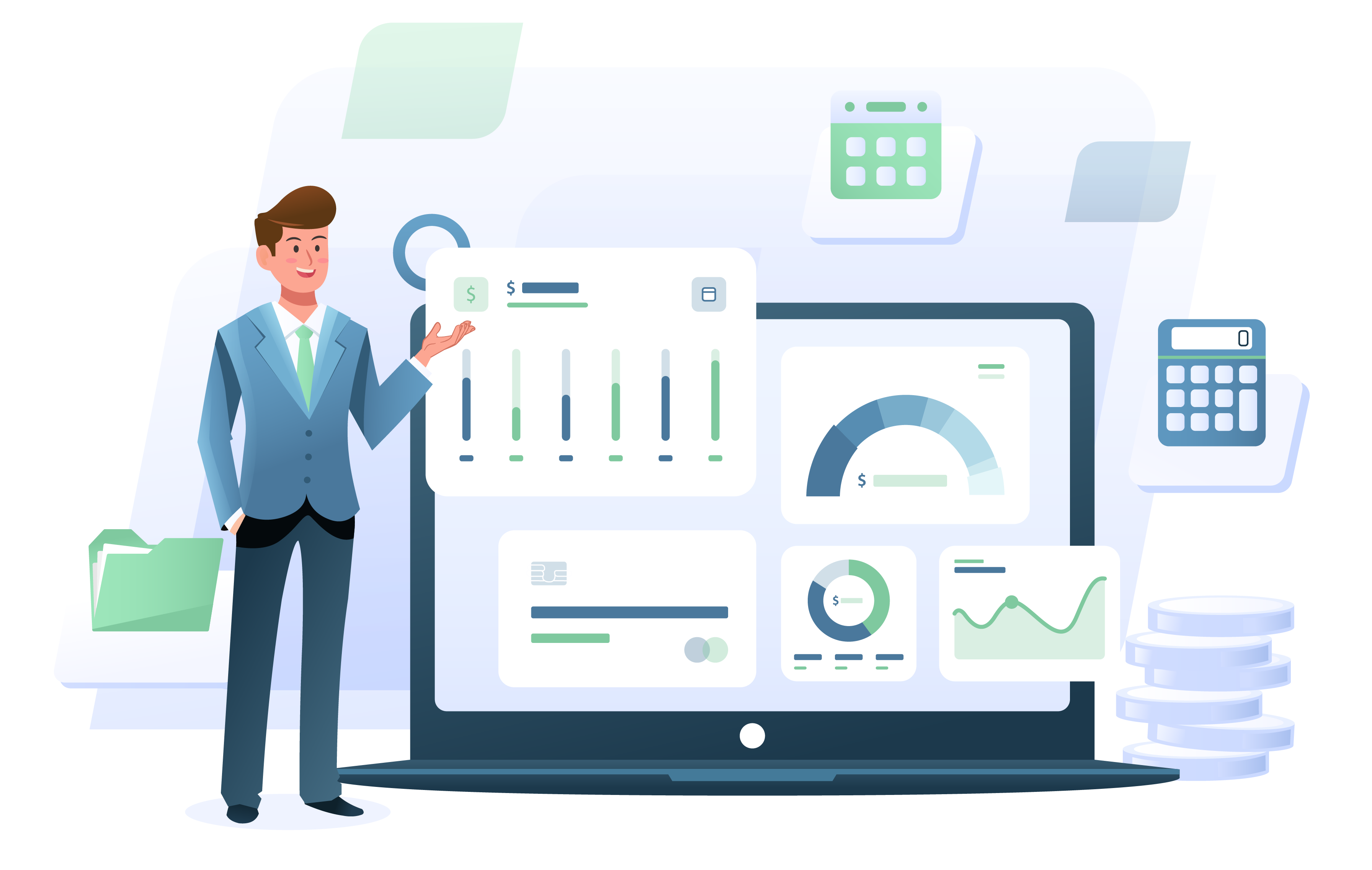 Data management illustration showing connected databases and reporting dashboards