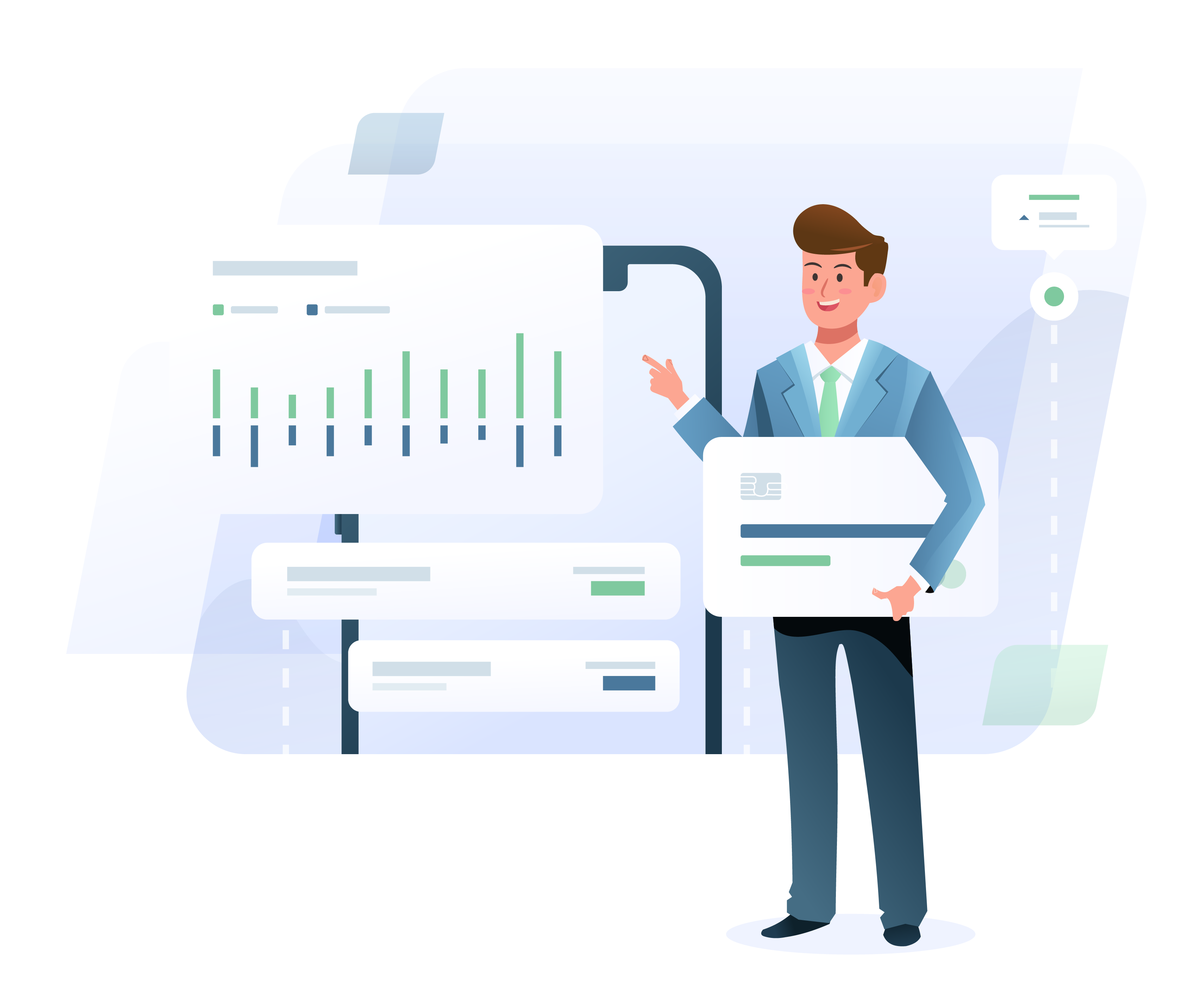 Reports illustration showing data charts and reporting dashboards
